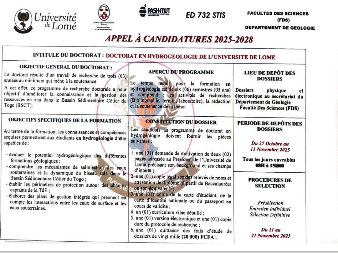 Appel à candidatures — Doctorat en hydrogéologie (2025–2028)
